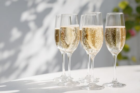 Party and holiday celebration concept. Many glasses of champagne on the table in the restaurant. Waiter pouring white sparkling wine from bottle to glass. Drinks Serving. Weekend festival, wedding