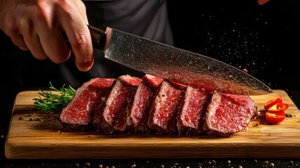Sliced beef steak on cutting board with chef knife