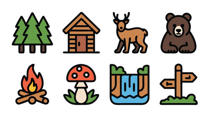 Fototapeta premium Collection of Wilderness Icons Featuring Forest Trees Cabin Deer Bear Campfire Mushroom Waterfall and Directional Sign
