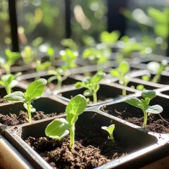 Collection of herb seedlings growing in small trays with rich soil and fresh young leaves stretching toward sunlight, vibrant gardening and plant growth concept with copy space