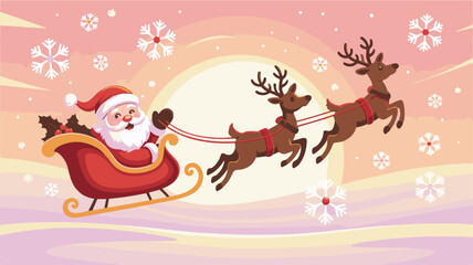 A Merry Christmas Scene Featuring Santa Claus and His Reindeer Flying Through the Snowy Sky Delivering Presents on Christmas Eve