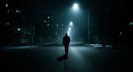 A solitary figure walks under the streetlights on a misty night