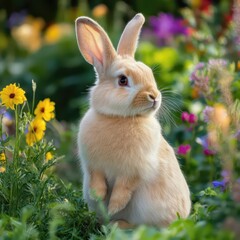 Fluffy rabbit sitting in lush green garden surrounded by colorful flowers, soft natural sunlight, detailed fur texture, vibrant fresh nature scene with copy space