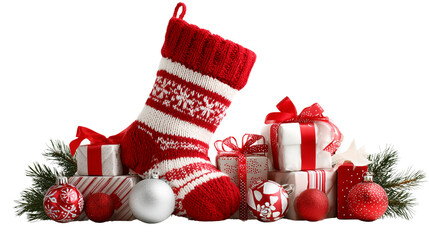 Red and green Christmas stockings stuffed with gifts and candy canes on transparent png background. Ai generated