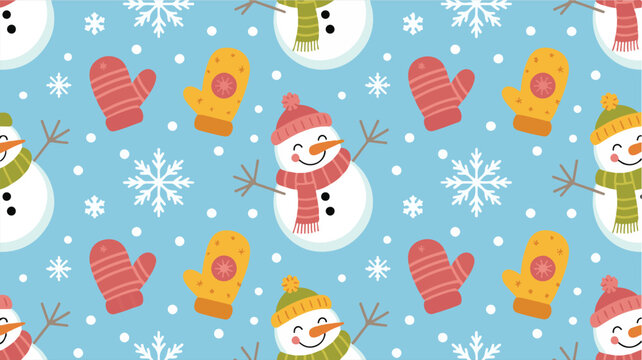 A Whimsical Winter Wonderland Pattern Featuring Cheerful Snowmen Mittens and Snowflakes for Festive Holiday Decorations
