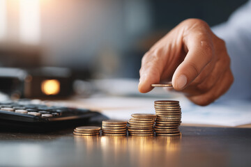 Hand Arranging Stacked Coins Next to a Calculator on a Desk