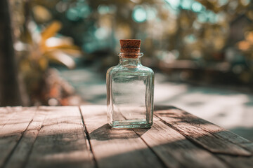 Glass Bottle with Cork Stopper on Wooden Table in Sunlit Outdoors