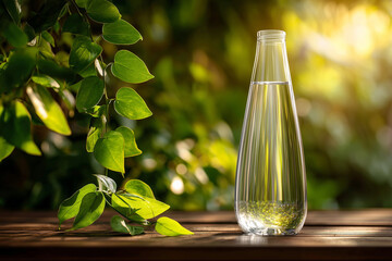 Elegant Glass Bottle of Water Amid Verdant Foliage in Sunlit Outdoors