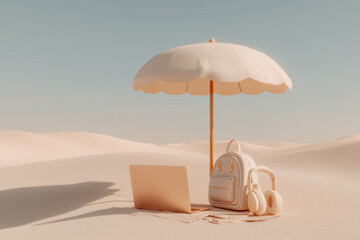 Digital Nomad Workspace on a Desert With Laptop and Accessories