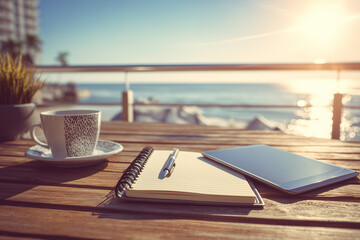 Notebook, Coffee, and Tablet on a Wooden Desk Overlooking a Sunny Ocean View