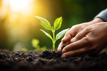 Hands Planting a Seedling in Rich Soil with Sunlight in the Background