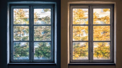 Before-and-after window cleaning split-screen, strong contrast, highlighting difference in clarity and sparkling clean glass, with copy space