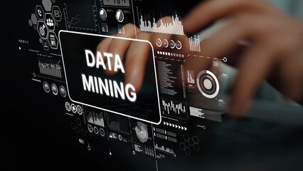 Hands Typing on Keyboard with Data Mining Graphics and Analytics Charts in Background for Technology and Business Concepts. Asymptotic smart data analytic.
