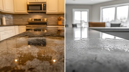 Before-and-after countertop cleaning split-screen, sharp focus, dirty surface transformed into sparkling clean after scrubbing, with copy space