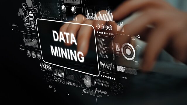 Hands Typing on Keyboard with Data Mining Graphics and Analytics Charts in Background for Technology and Business Concepts. Asymptotic smart data analytic.