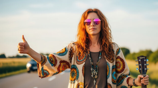 Free-spirited woman hitchhiking on a road with a guitar, embodying a bohemian travel lifestyle and the adventure of the open road