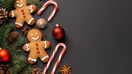 Gingerbread cookies and holiday decorations on dark background