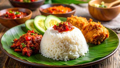 Nasi Ayam Penyet Indonesian Fried Chicken Rice Dish with Spicy Sambal and Cucumber Slices.