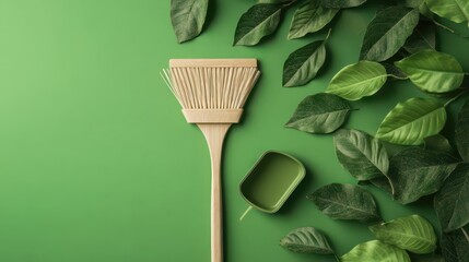 Sustainable bamboo broom and biodegradable dustpan set on green background with leaves, zero-waste cleaning products, eco-friendly home cleaning concept with copy space