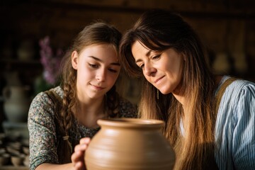 Woman and child pottery crafting