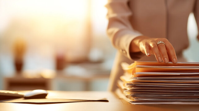 Woman sorting through a stack of folders in a sunlit office environment