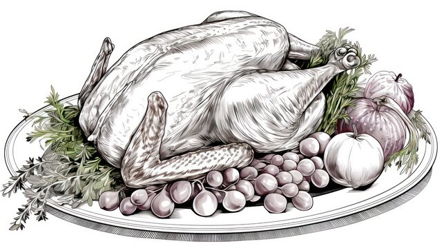 Roasted turkey with fruits platter illustration