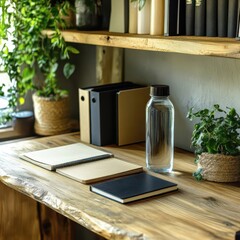 Sustainable office setup, wooden desk, recycled paper notebooks, reusable water bottle, eco-conscious workspace, with copy space