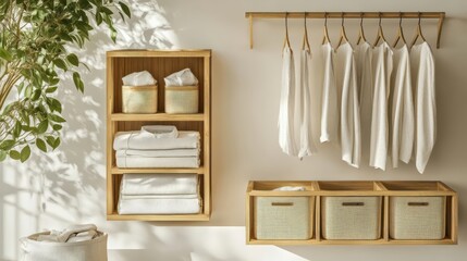 Sustainable wardrobe setup, bamboo hangers, cloth storage bins, neatly folded organic fabrics, minimalism and eco-friendly organization, with copy space