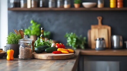 Tidy kitchen counter with neatly arranged fresh vegetables, spices, and utensils, clean organized vibe, culinary preparation scene with copy space