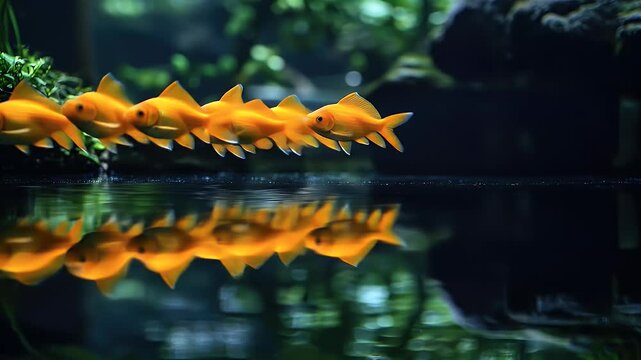 Goldfish Swimming in a Row - A Beautiful Underwater Scene.