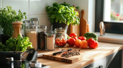 Tidy kitchen counter, neatly arranged fresh vegetables, spices, and utensils, clean and organized cooking setup, with copy space