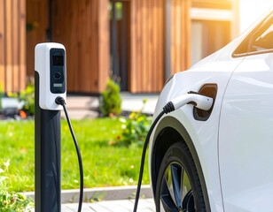 residential EV charging station in a modern front yard