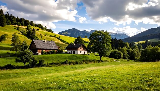 Picturesque alpine village nestled in green valley, with rolling hills and mountains in the background