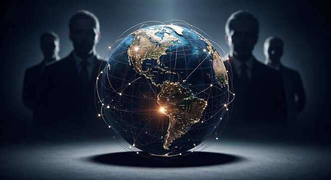 Shadowy figures in silhouette surrounding illuminated Earth globe representing hidden global powers controlling world affairs from behind scenes