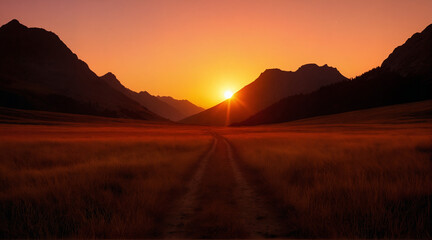 sunset landscape scene. the sun sinks behind mountains. 