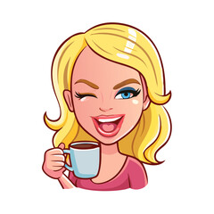 Cheerful blonde winking and enjoying her coffee break, radiating energy, perfect for a morning boost