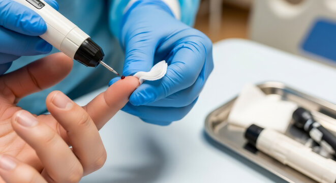 Doctor wearing a glove pricking patient's finger with a lancet for blood test. Medical diagnostic procedure for glucose level. Healthcare, diabetes.