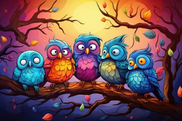 Cute cartoon sleepy birds huddled on a tree branch with bright cheerful colors and whimsical expressions