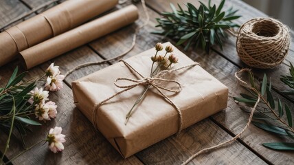 Obraz premium Rustic Gift Box with Natural Flowers 