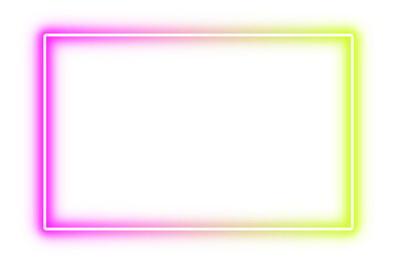 fuchsia and lime green rectangle neon frame isolated on transparent background, glowing light sign box border for banner and presentation design