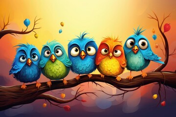 Obraz premium Cartoon-style cute sleepy birds illustration, bright and cheerful colors, whimsical design with exaggerated expressions, group huddled together on a tree branch, with copy space