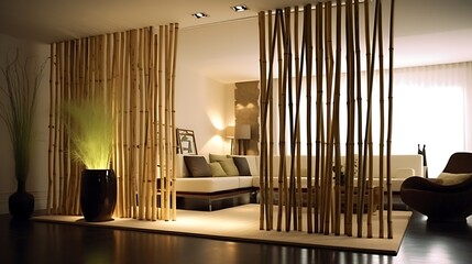 Elegantly partitioned living space featuring natural bamboo dividers and soft ambient light for a