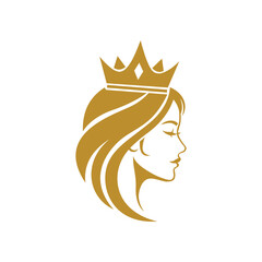 Golden elegant logo of a womans profile wearing a crown
