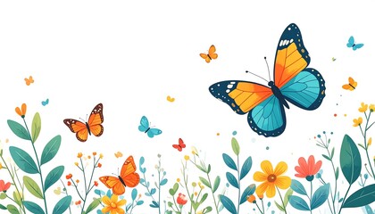 Colorful butterflies among vibrant flowers in nature