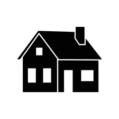 Simple black silhouette icon of a cozy house with roof detail and chimney silhouette