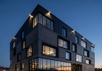 Fototapeta premium Modern Multi-story Building Exterior at Night with Illuminated Windows and Clear Sky
