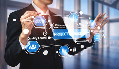 A business professional engages with a virtual interface showcasing project management elements, emphasizing communication and resource optimization in a sleek office environment. Tessel