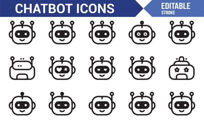 Minimalist robot face icons showing emotions, AI assistant pack for apps and services