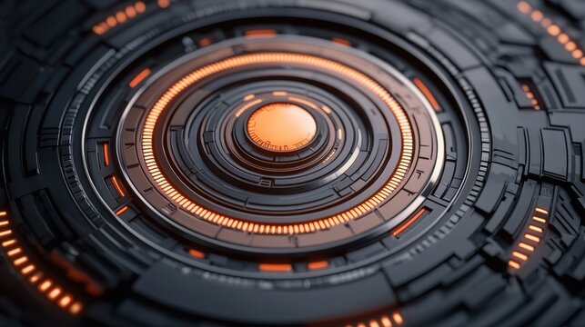 A futuristic, circular design featuring intricate patterns and glowing orange elements against a dark background.