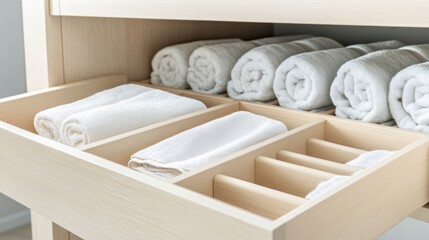 White towels neatly organized in wooden drawer